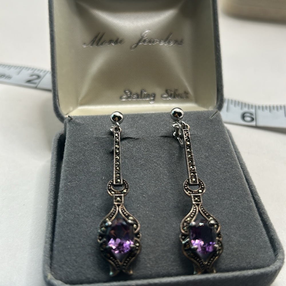 Sterling Elegant Amethyst Purple Drop Screw Back Earrings